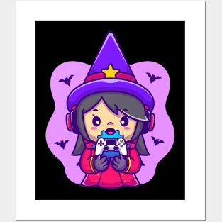 Cute Female Witch Gaming Cartoon Posters and Art